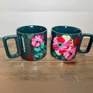 Pair of STARBUCKS VALENTINE'S DAY 2024 Flowers & Hearts Mugs EUC 14oz Green